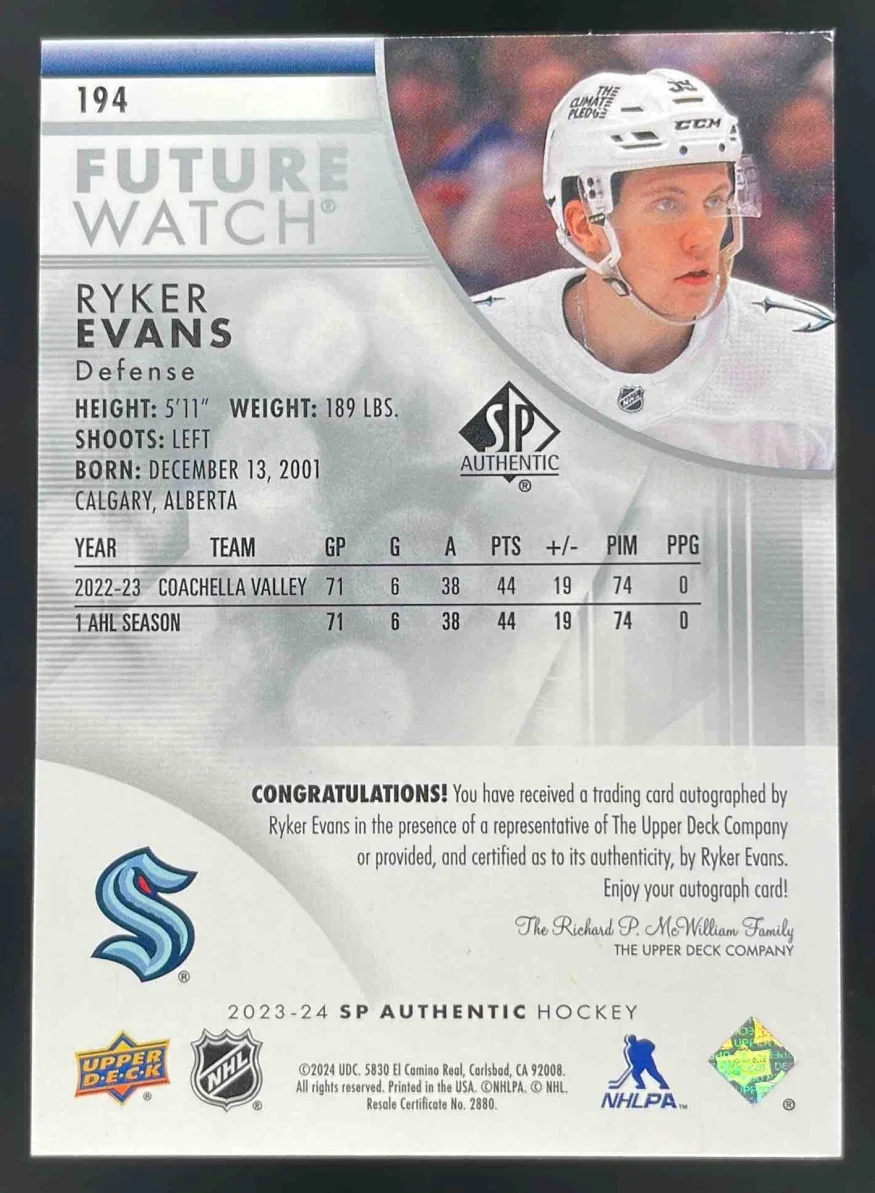2023-24 SP Authentic #194 Ryker Evans Autograph RC Future Watch Auto /999 - Image 2