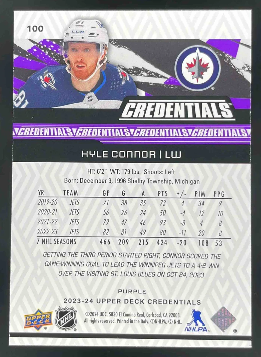 2023-24 Upper Deck Credentials Purple #100 Kyle Connor /10 - Image 2