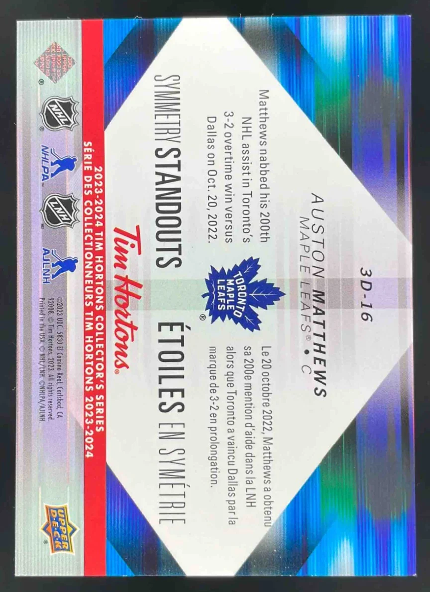 2023-24 Upper Deck Tim Hortons Symmetry Standout #3D16 Auston Matthews - Image 2