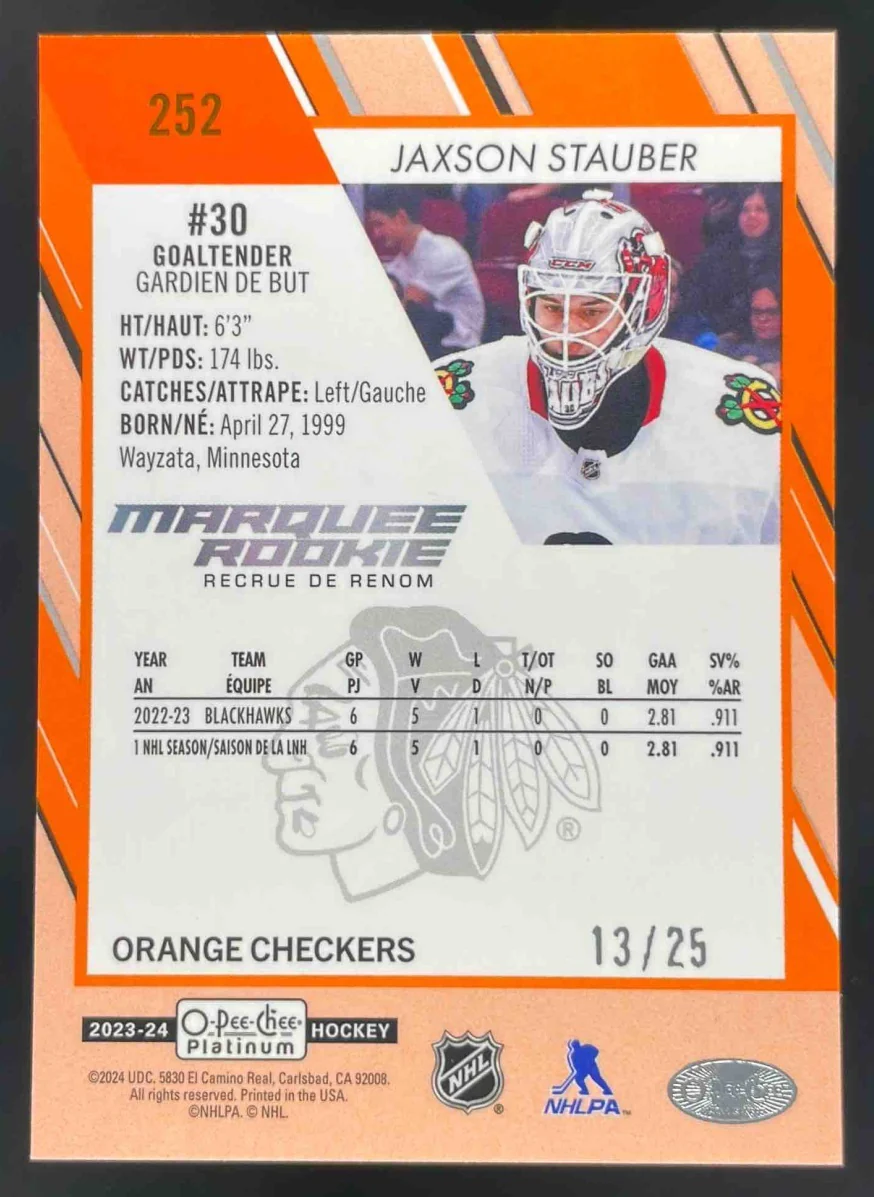 2023-24 O-Pee-Chee Platinum Orange Checkers #252 Jaxson Stauber RC /25 - Image 2