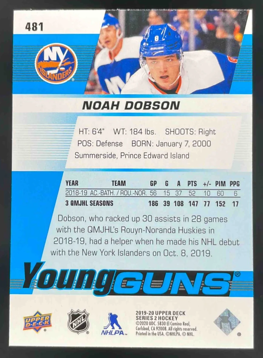 2019-20 Upper Deck #481 Noah Dobson Young Guns RC - Image 2