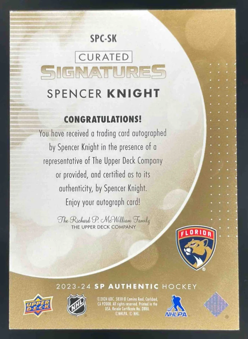 2023 SP Authentic Curated Signatures #SPC-SK Spencer Knight Autograph Auto /299 - Image 2