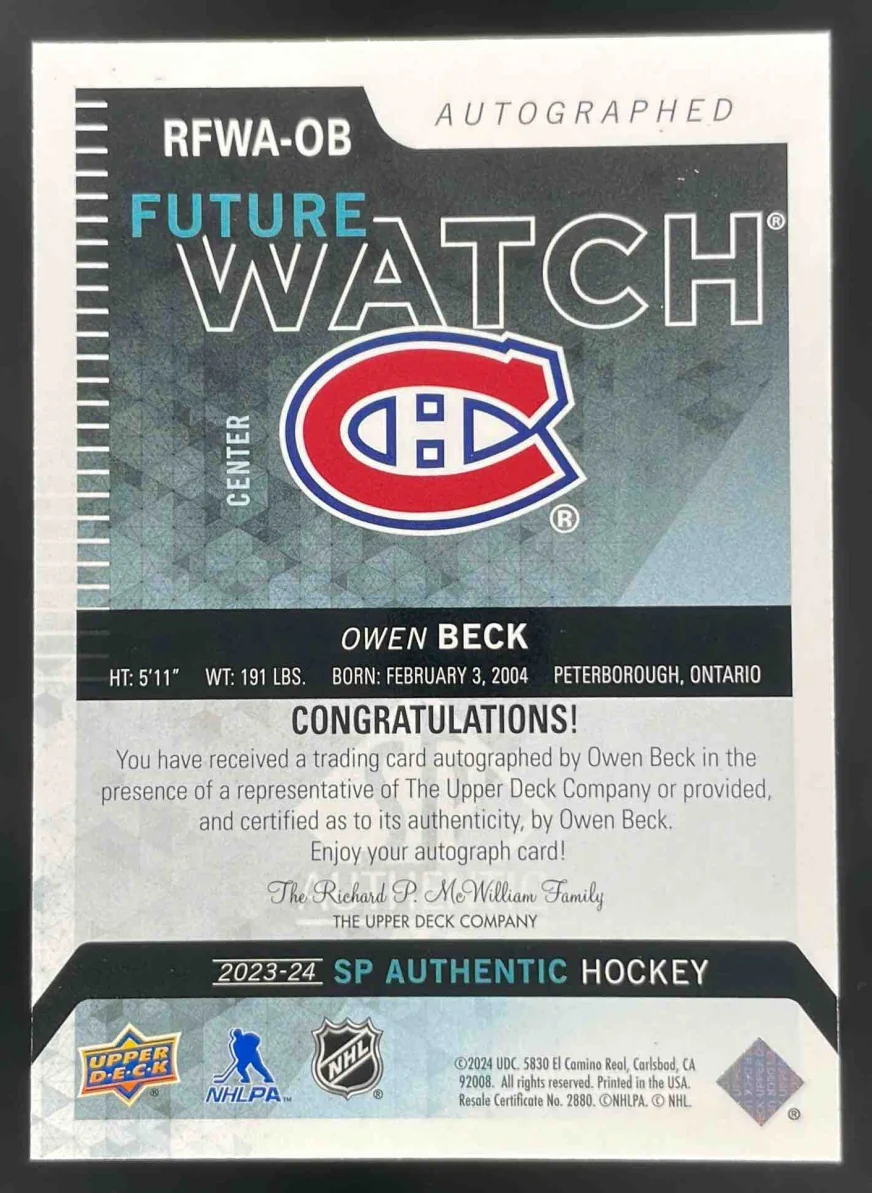 2024 SP Authentic 2013-14 Retro Future Watch #RFWA-OB Owen Beck Auto /699 - Image 2