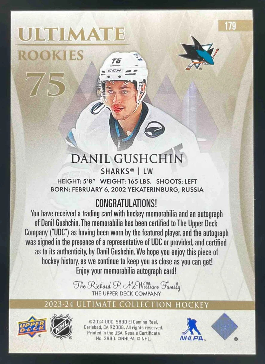 2023 Upper Deck Ultimate Collection Rookies Jersey #179 Danil Gushchin Auto /99 - Image 2