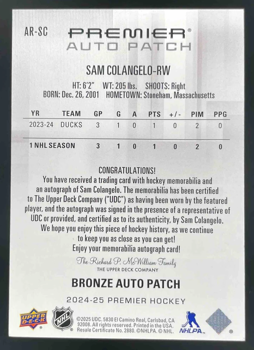 2024-25 Upper Deck Premier Acetate Rookies Patch #SC Sam Colangelo RC Auto /249 - Image 2