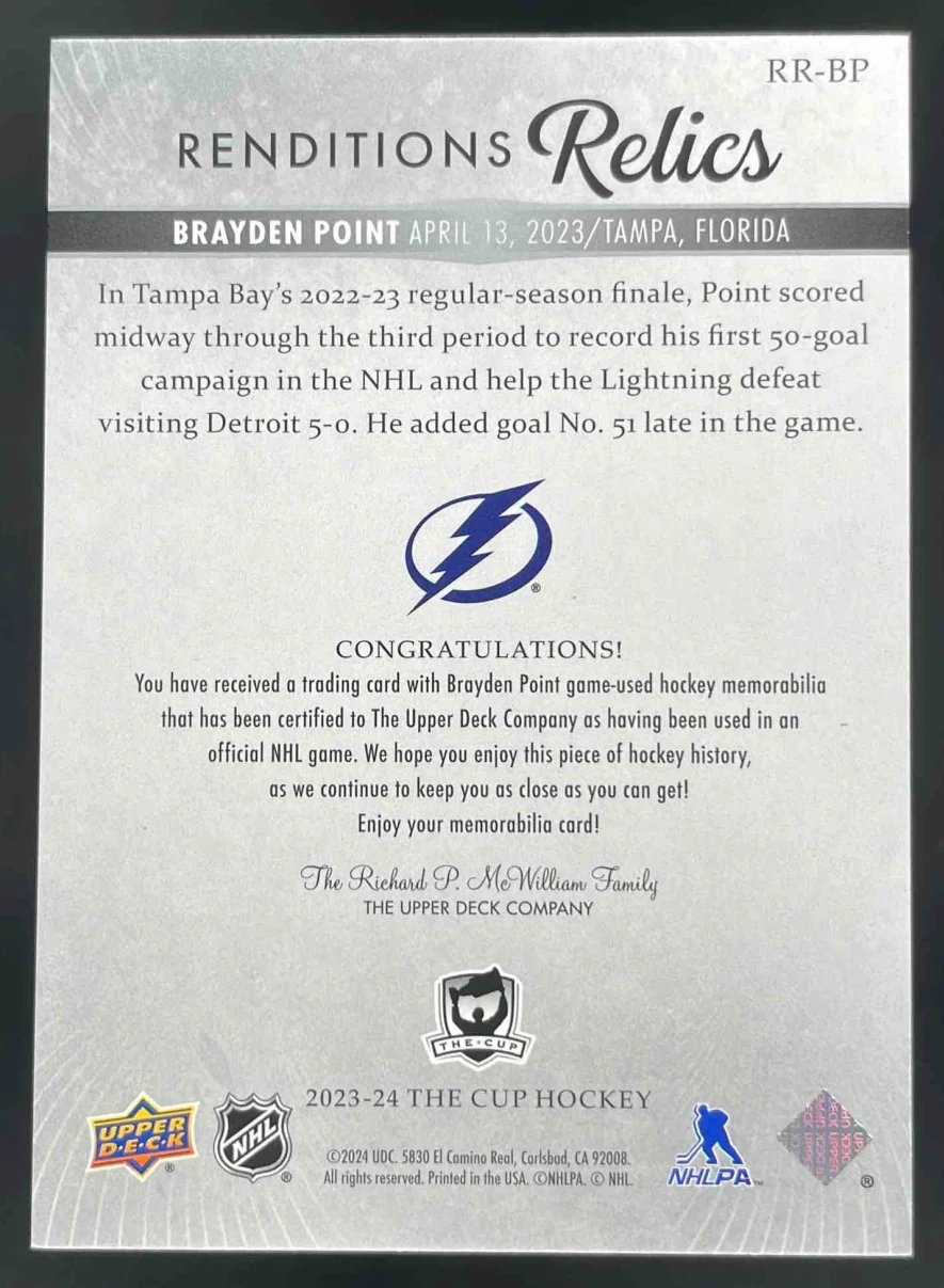 2023-24 Upper Deck The Cup Rendition Relics #RR-BP Brayden Point - Image 2