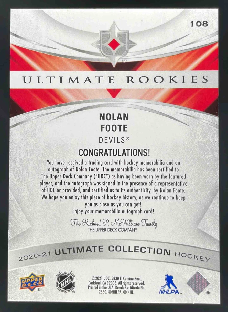 2020 Ultimate Collection Rookie Patch #108 Nolan Foote RC Ultra Rare Auto /99 - Image 2