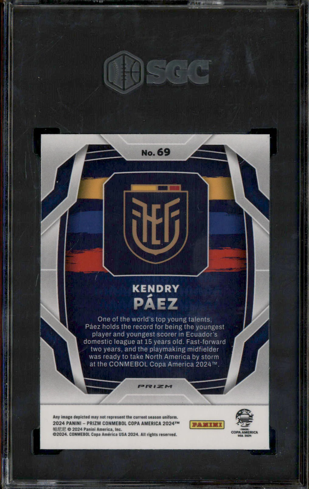 2024 Panini Prizm Copa America Green Ice Prizm #69 Kendry Paez RC SGC 10 - Image 2