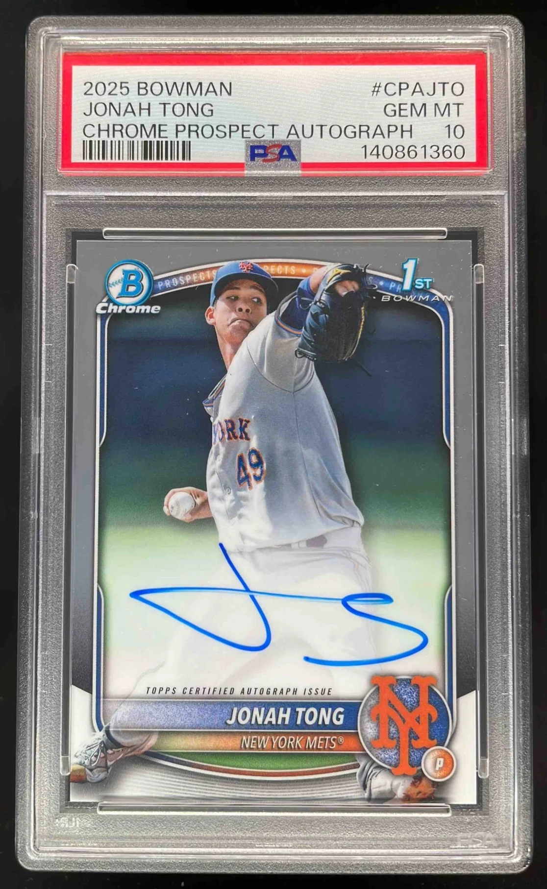 2025 Bowman Chrome Prospect Autographs #CPA-JTO Jonah Tong RC Auto PSA 10