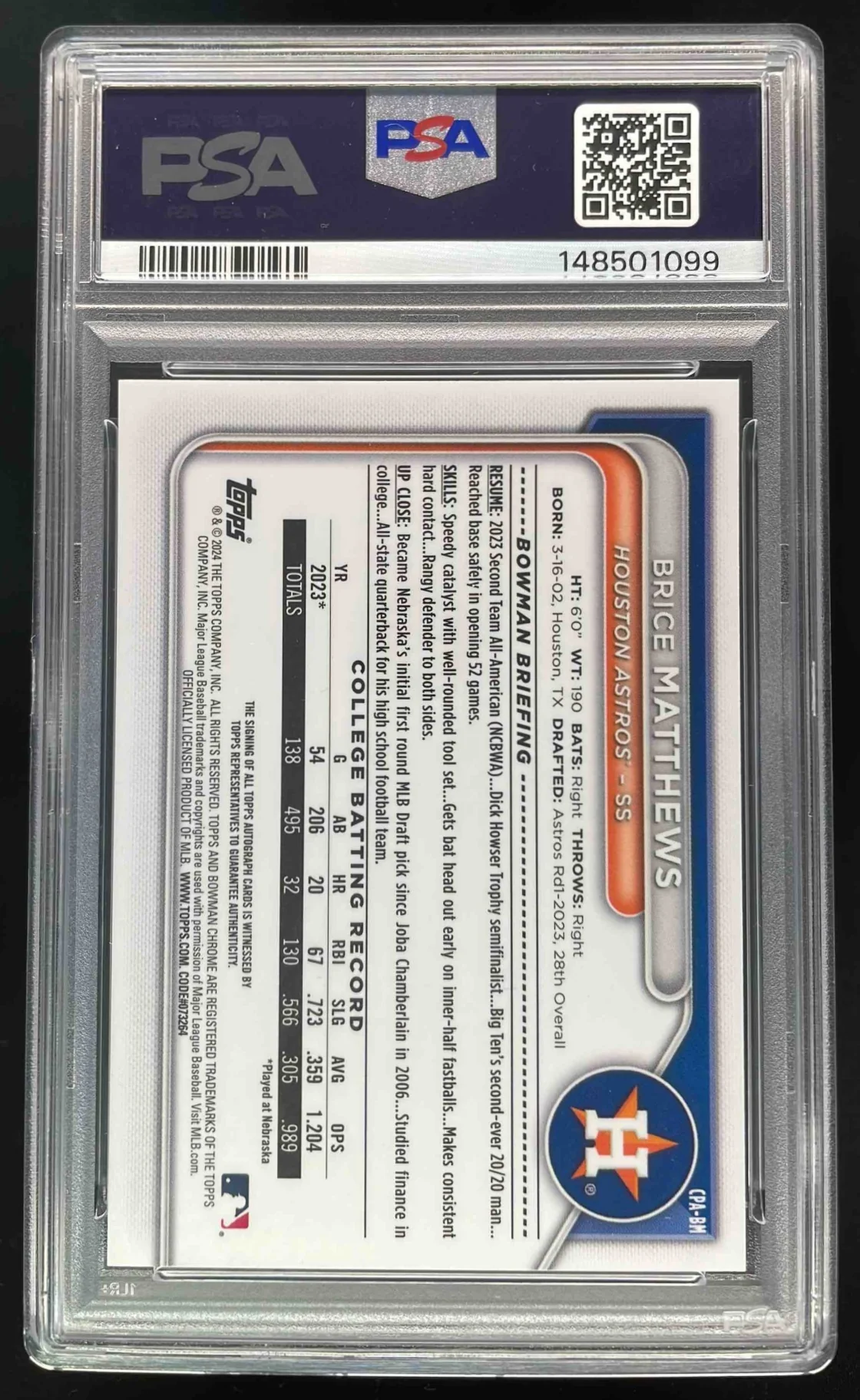 2024 Bowman Chrome Orange Wave #CPA-BM Brice Matthews RC Auto /25 PSA 10 - Image 2