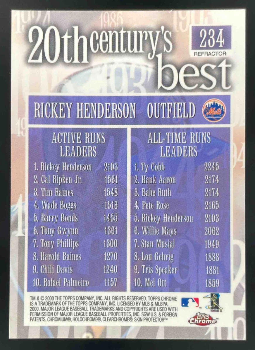2000 Topps Chrome Refractors #234 Rickey Henderson - Image 2