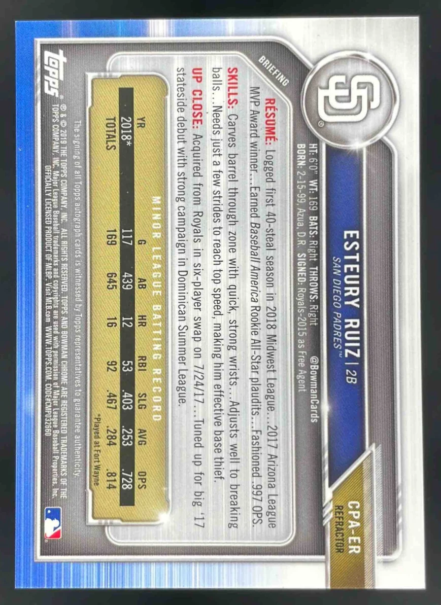 2019 Bowman Chrome Prospect Autographs Refractor #CPA-ER Esteury Ruiz Auto /499 - Image 2