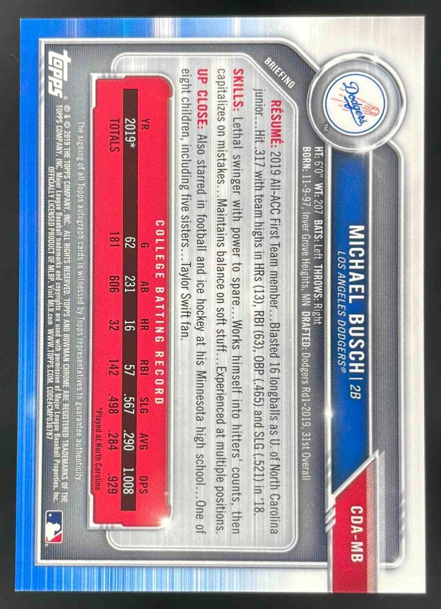 2019 Bowman Draft Chrome Pick Autographs #CDA-MB Michael Busch RC Auto - Image 2