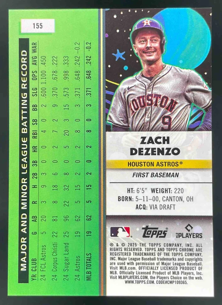 2025 Topps Cosmic Chrome Orange Galactic Refractor #155 Zach Dezenzo RC /25 - Image 2