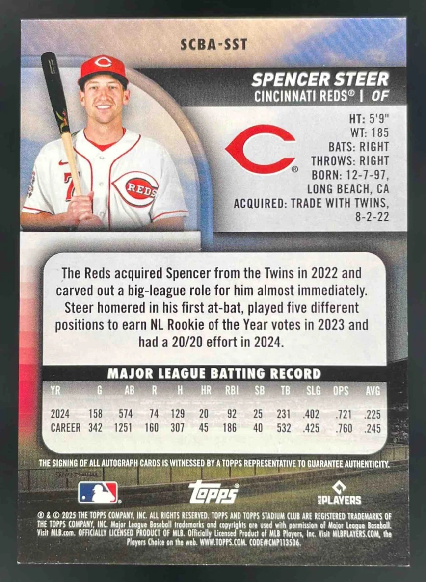 2025 Topps Stadium Club Autograph Turquoise Foil #SCBASST Spencer Steer Auto /99 - Image 2