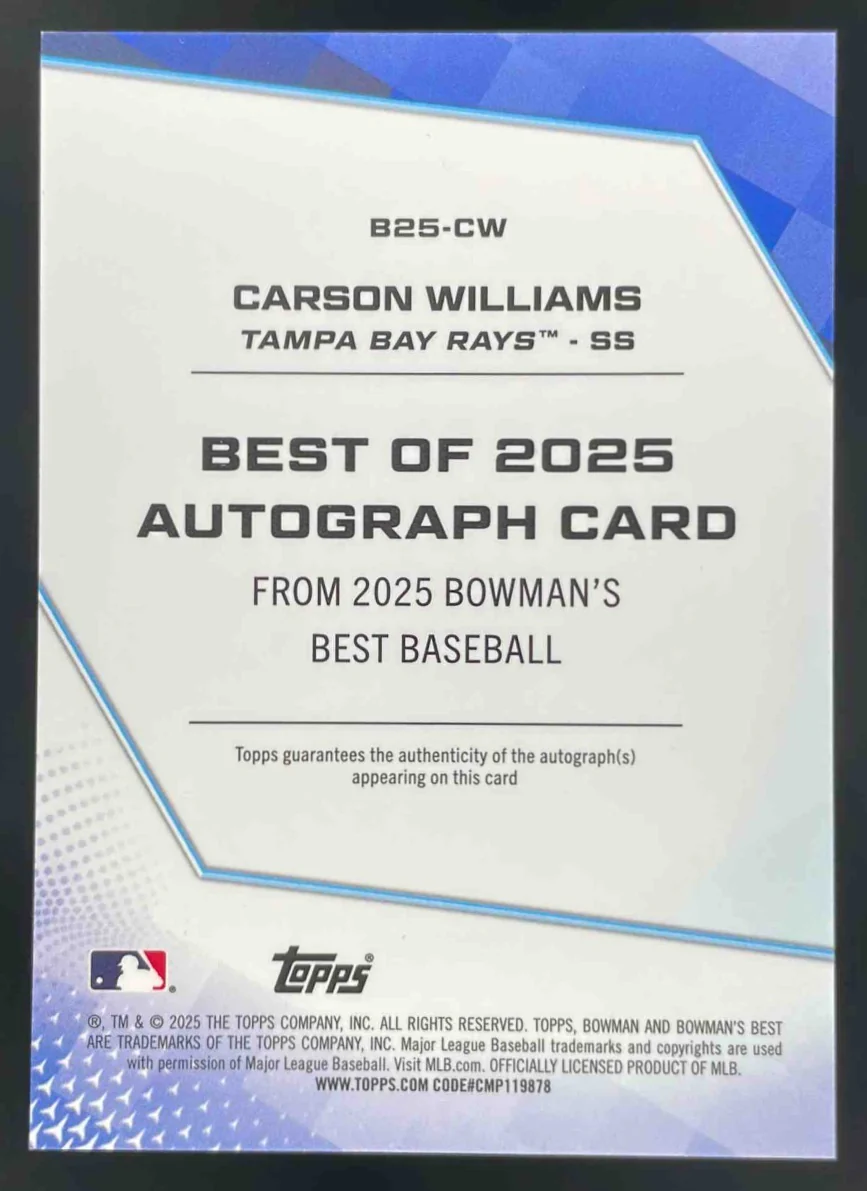 2025 Bowman's Best of 2025 Purple Refractor #B25-CW Carson Williams Auto /75 - Image 2