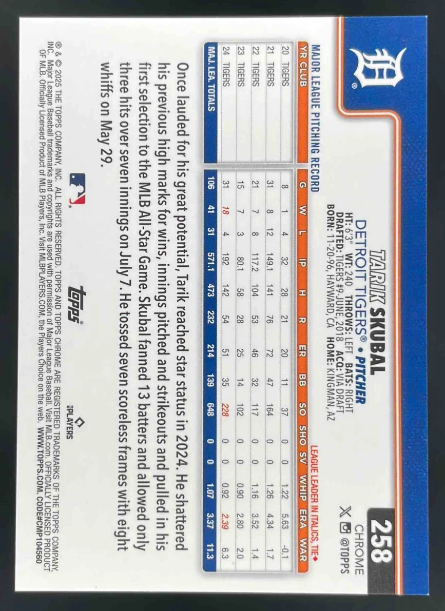 2025 Topps Chrome Sapphire Image Variation #258 Tarik Skubal - Image 2