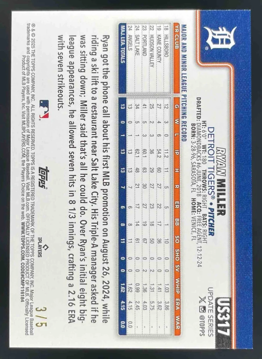 2025 Topps Update Red Rainbow Foil #US317 Ryan Miller RC /5 - Image 2
