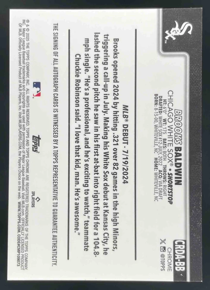 2025 Topps Chrome Rookie Debut Orange #CRDA-BB Brooks Baldwin RC Auto /25 - Image 2