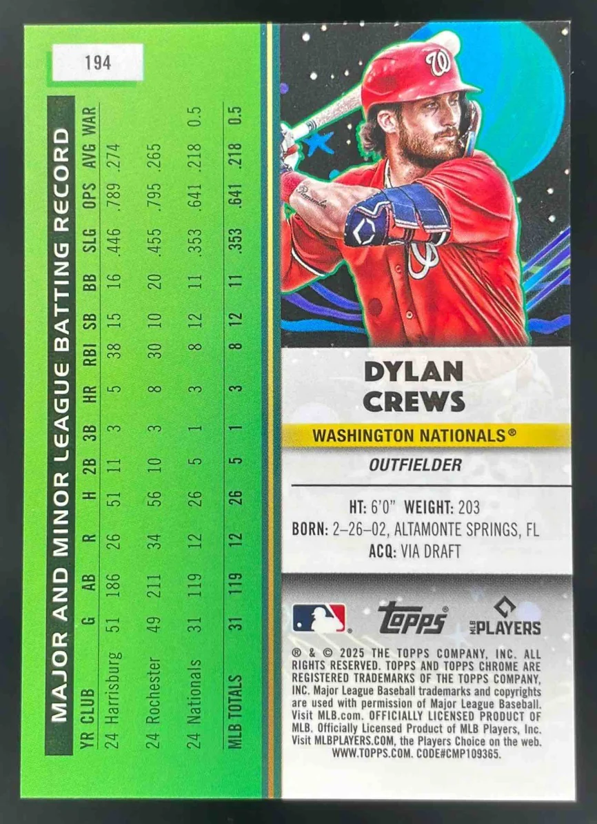 2025 Topps Cosmic Chrome Gold Interstellar Refractor #194 Dylan Crews RC /50 - Image 2