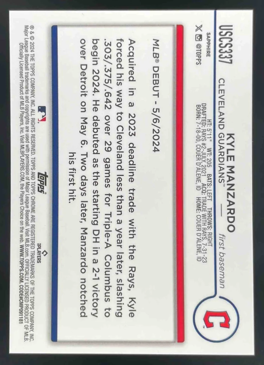 2024 Topps Chrome Update Sapphire Gold #USCS337 Kyle Manzardo RC /50 - Image 2