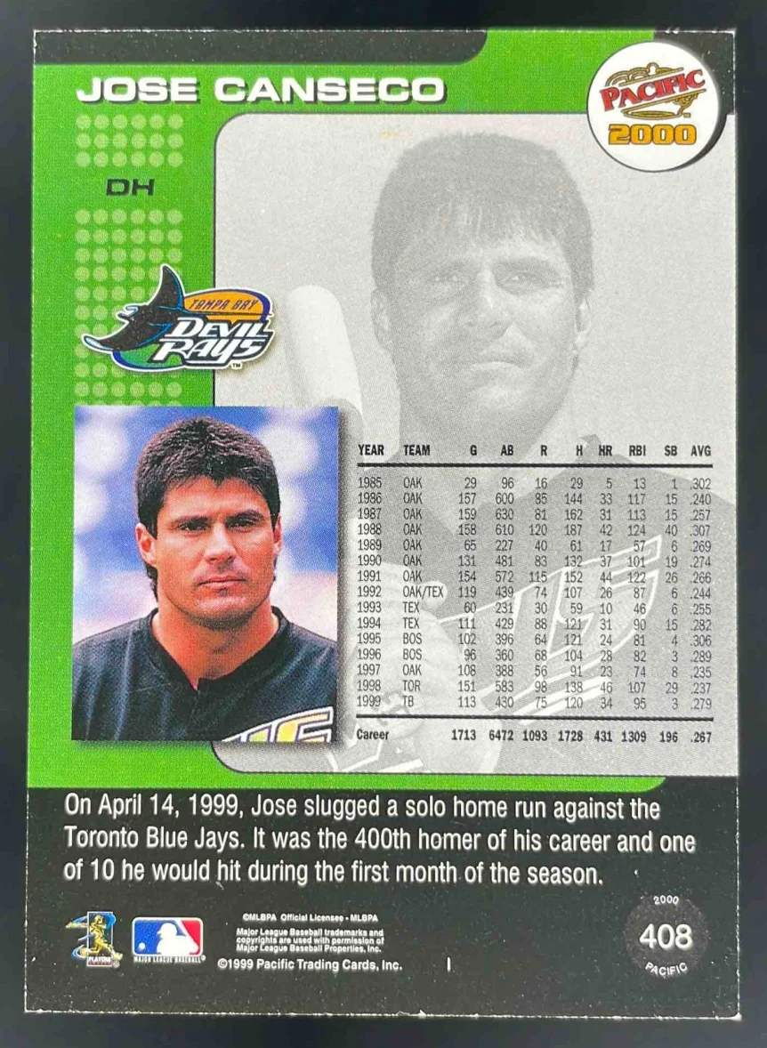 2000 Pacific Gold #408 Jose Canseco /199 - Image 2