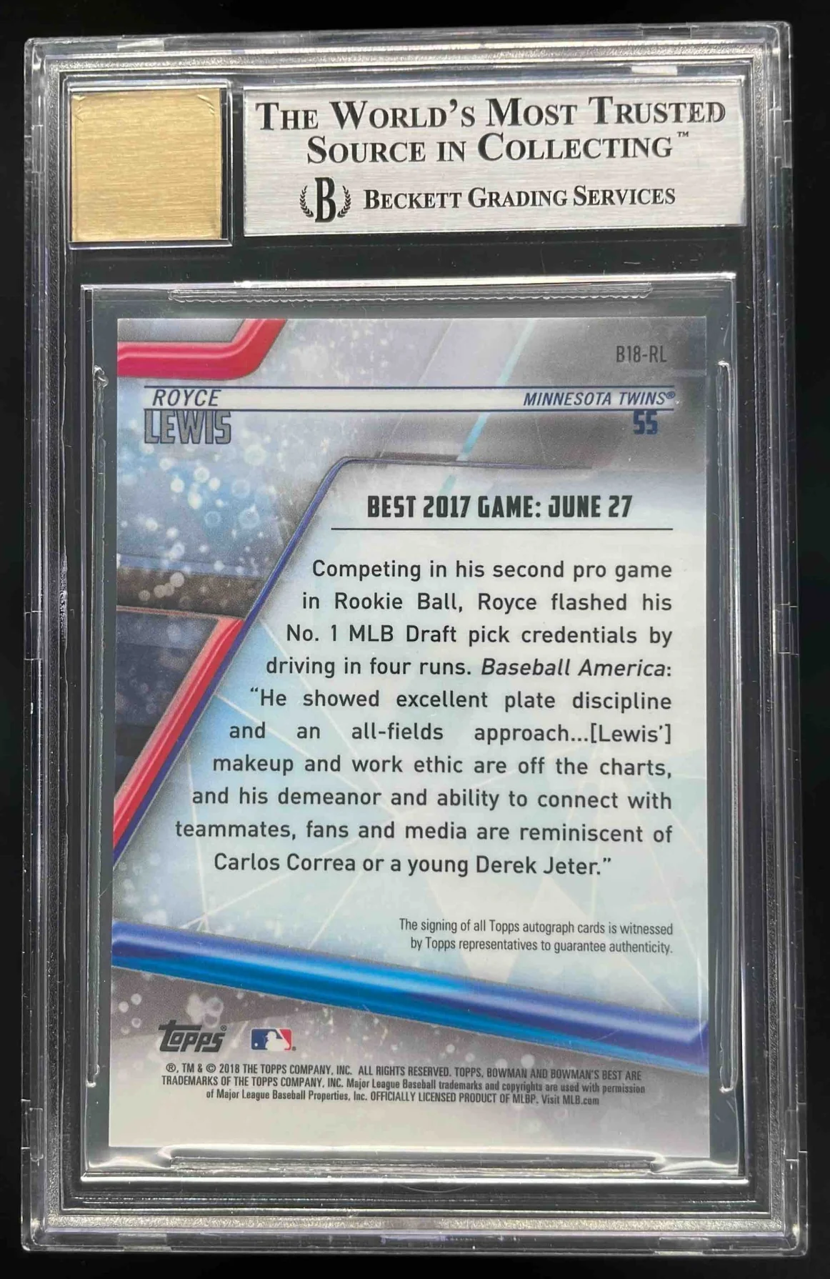 2018 Bowman Bowman's Best of 2018 Atomic #B18-RL Royce Lewis Auto /25 BGS 9 - Image 2