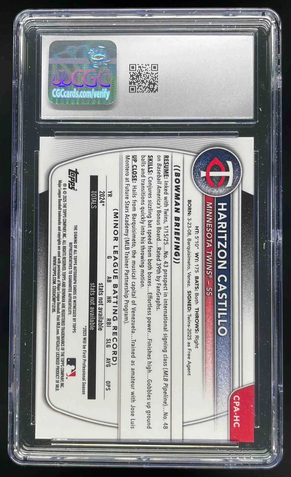 2025 Bowman Chrome Orange Wave #CPA-HC Haritzon Castillo RC Auto /25 CGC 10 - Image 2