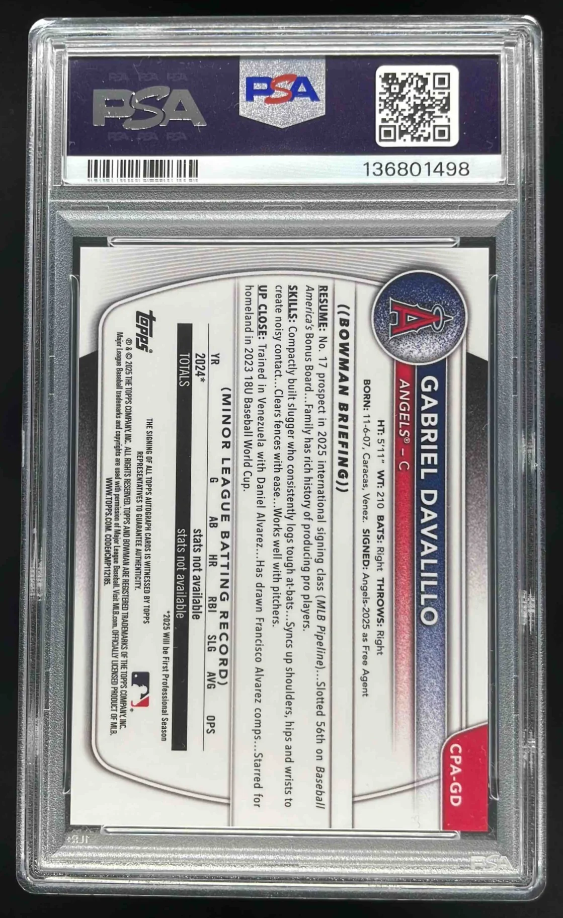 2025 Bowman Chrome Prospect Autograph #CPA-GD Gabriel Davalillo RC Auto PSA 10 - Image 2