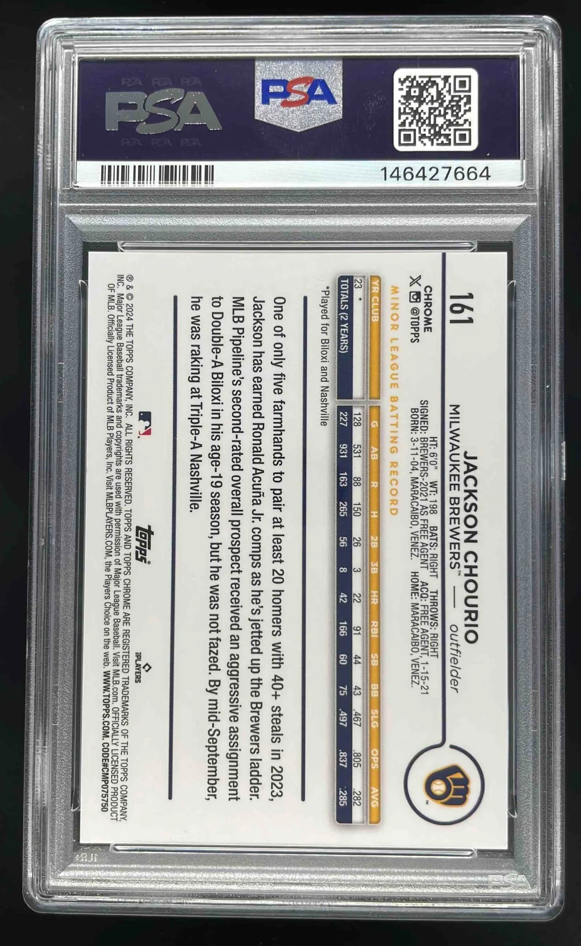 2024 Topps Chrome Image Variations #161 Jackson Chourio RC PSA 8 - Image 2