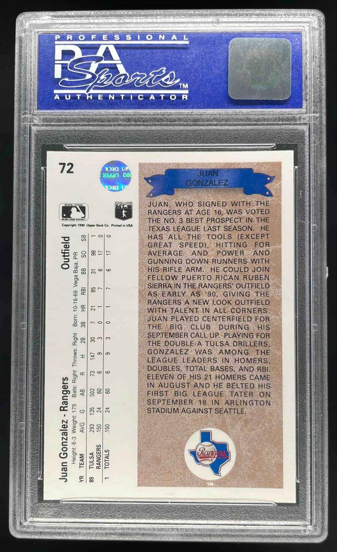 1990 Upper Deck #72 Juan Gonzalez RC PSA 8 - Image 2