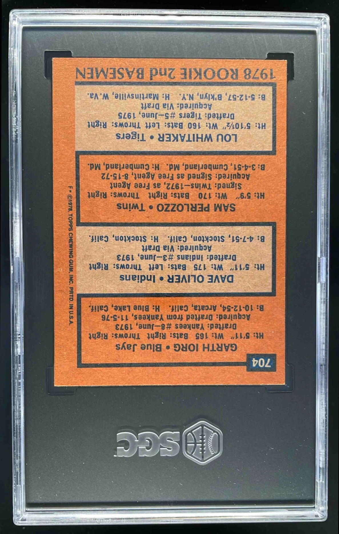 1978 Topps #704 Garth Iorg Dave Oliver Sam Perlozzo Lou Whitaker RC SGC 7 - Image 2