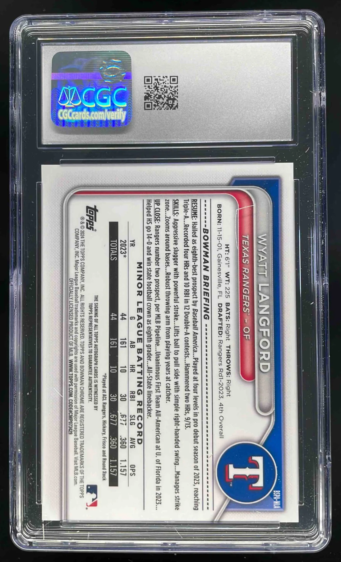2024 Bowman Sapphire Chrome Prospect Autographs #WLA Wyatt Langford Auto CGC 10 - Image 2