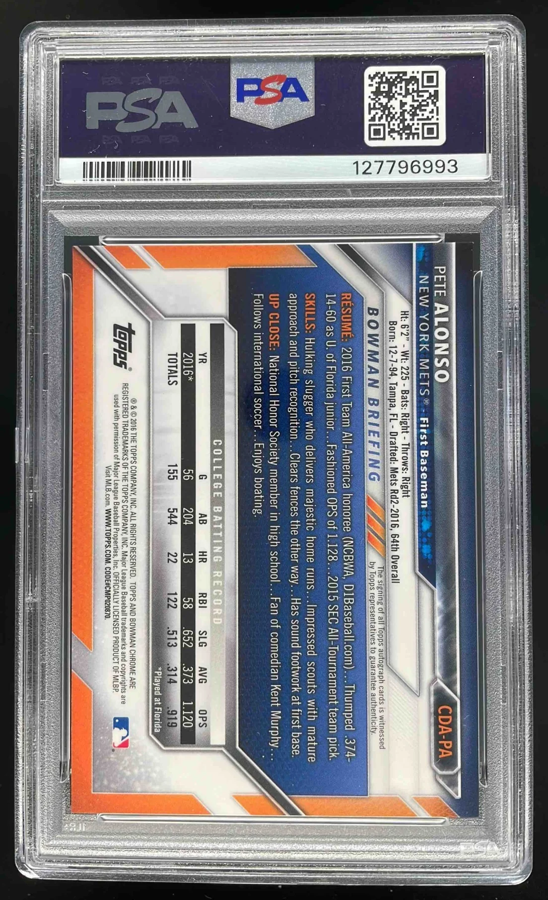 2016 Bowman Chrome Pick Autographs #CDA-PA Pete Alonso Autograph RC Auto PSA 9 - Image 2