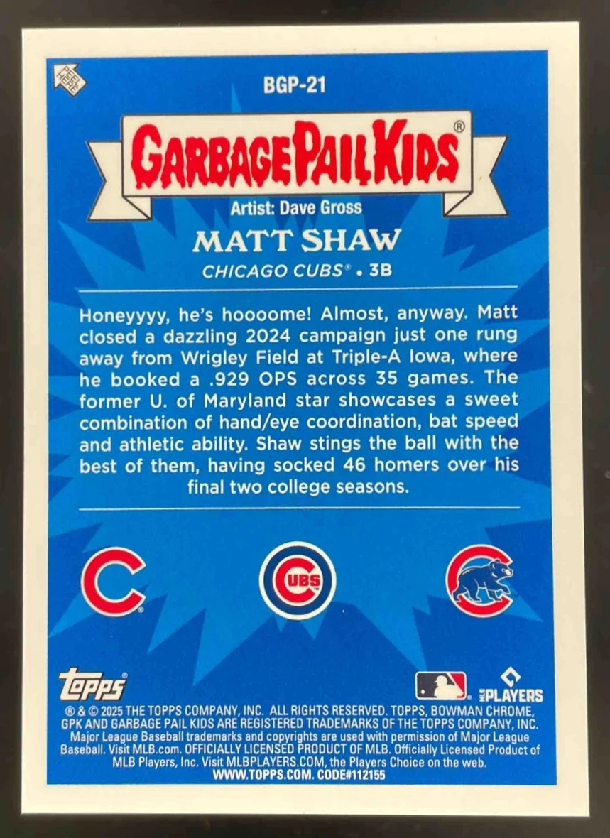 2025 Bowman Chrome Bowman GPK #BGP-21 Matt Shaw RC - Image 2