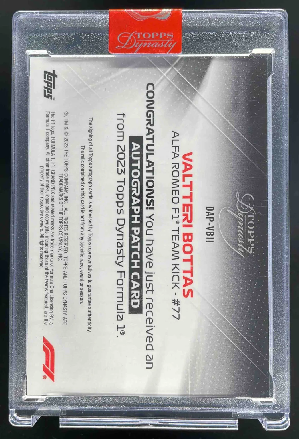 2023 Topps Dynasty Formula 1 Dynasty Patch Red #DAP-VBII Valtteri Bottas Auto /5 - Image 2