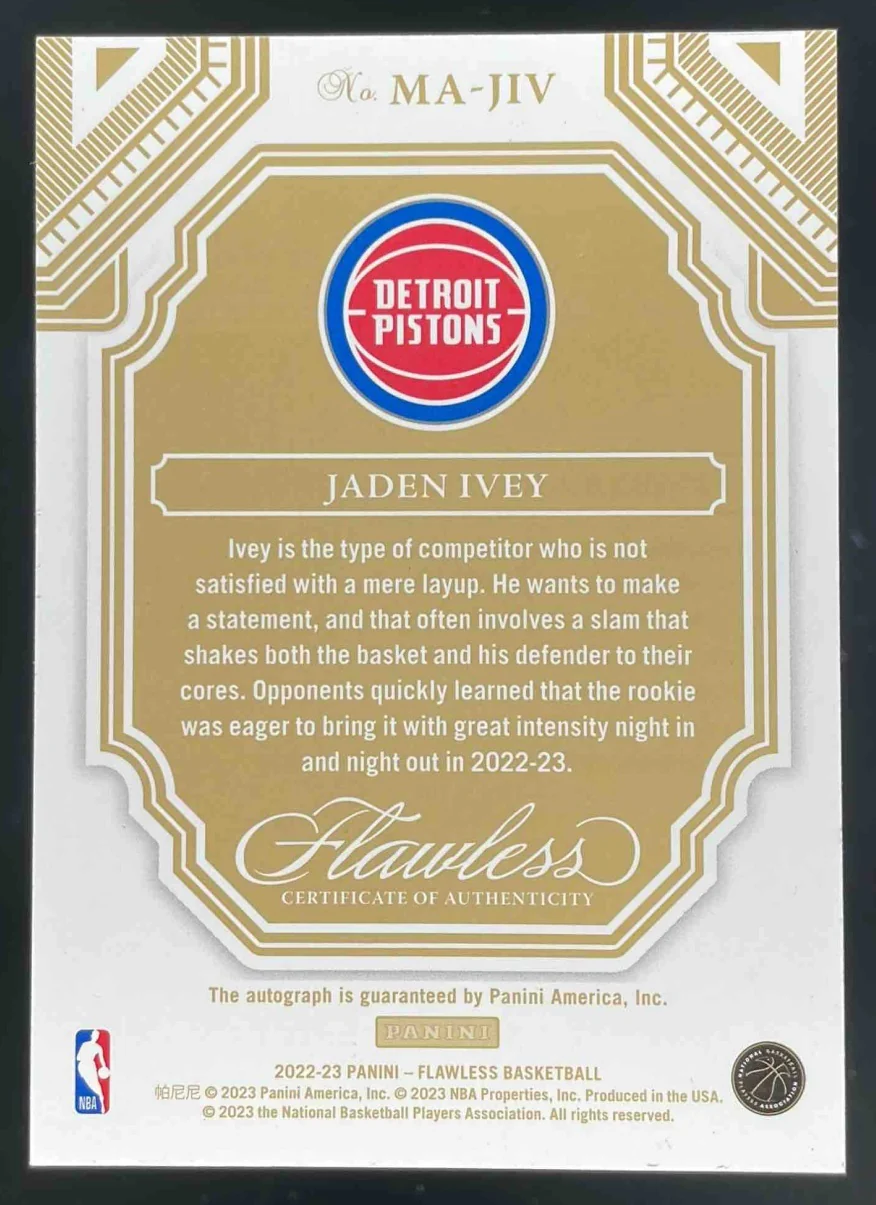 2022-23 Flawless Momentous Gold #MA-JIV Jaden Ivey Autograph RC Auto /10 - Image 2