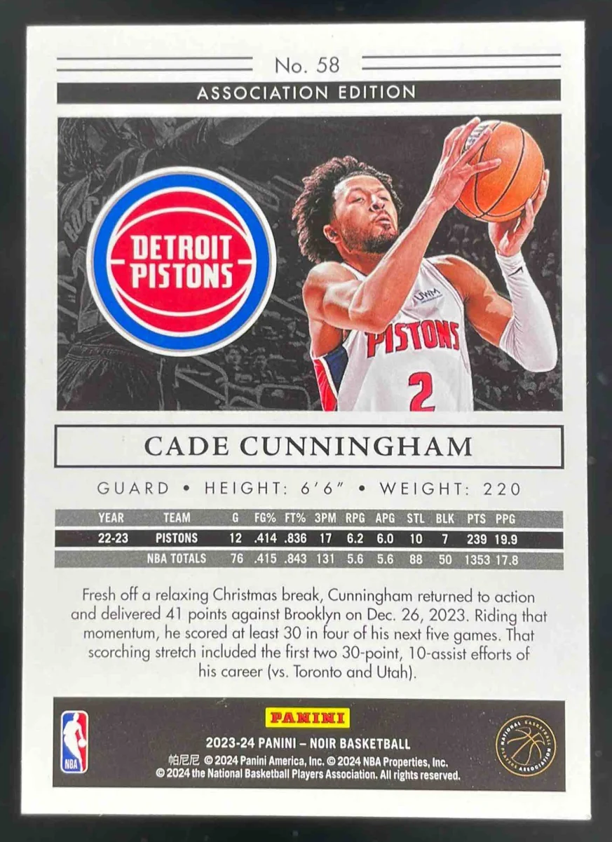 2023-24 Panini Noir Platinum #58 Cade Cunningham Association Edition 1/1 - Image 2