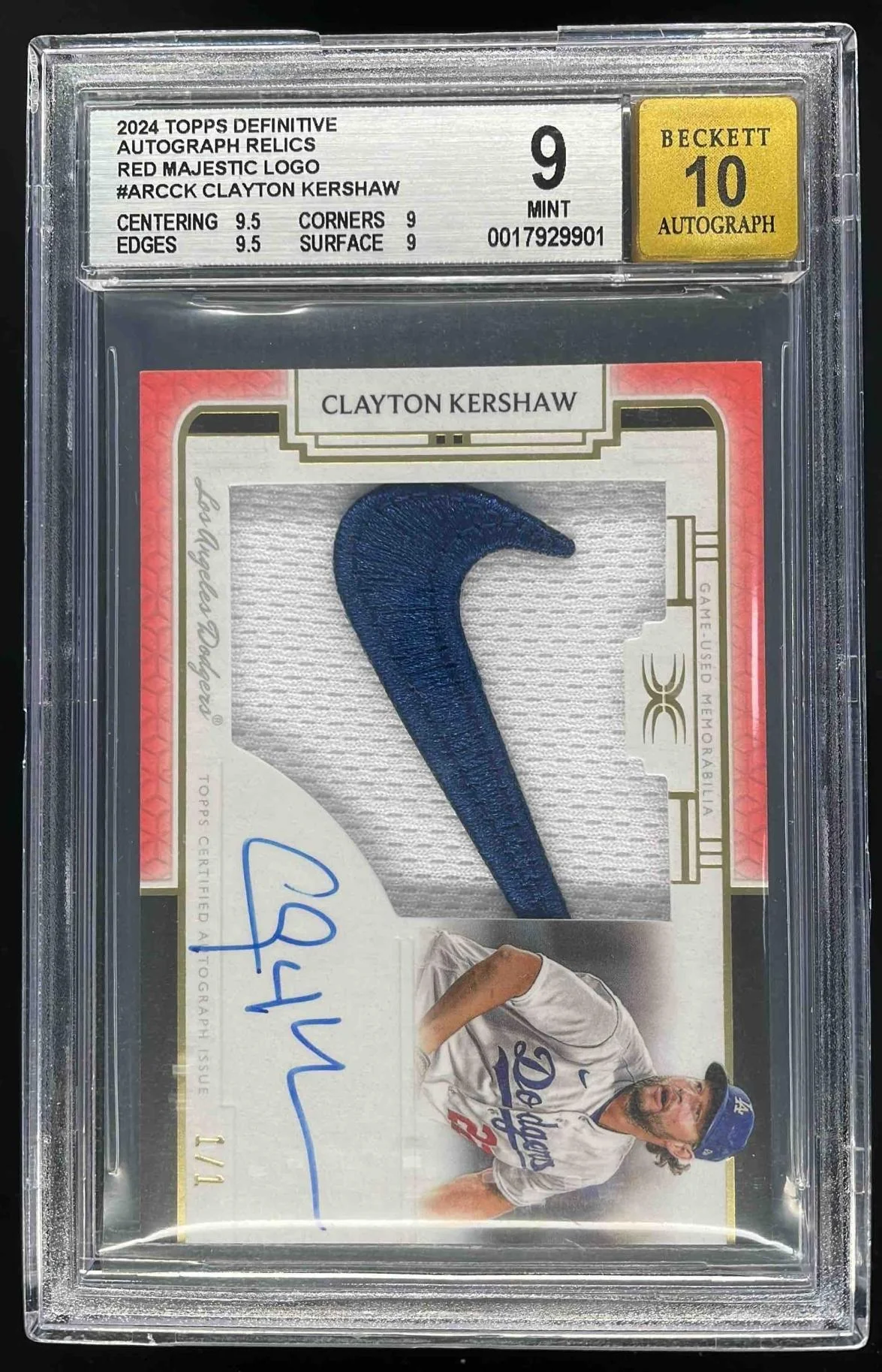 2024 Topps Definitive Relics Majestic Red Clayton Kershaw Auto 1/1 BGS 9