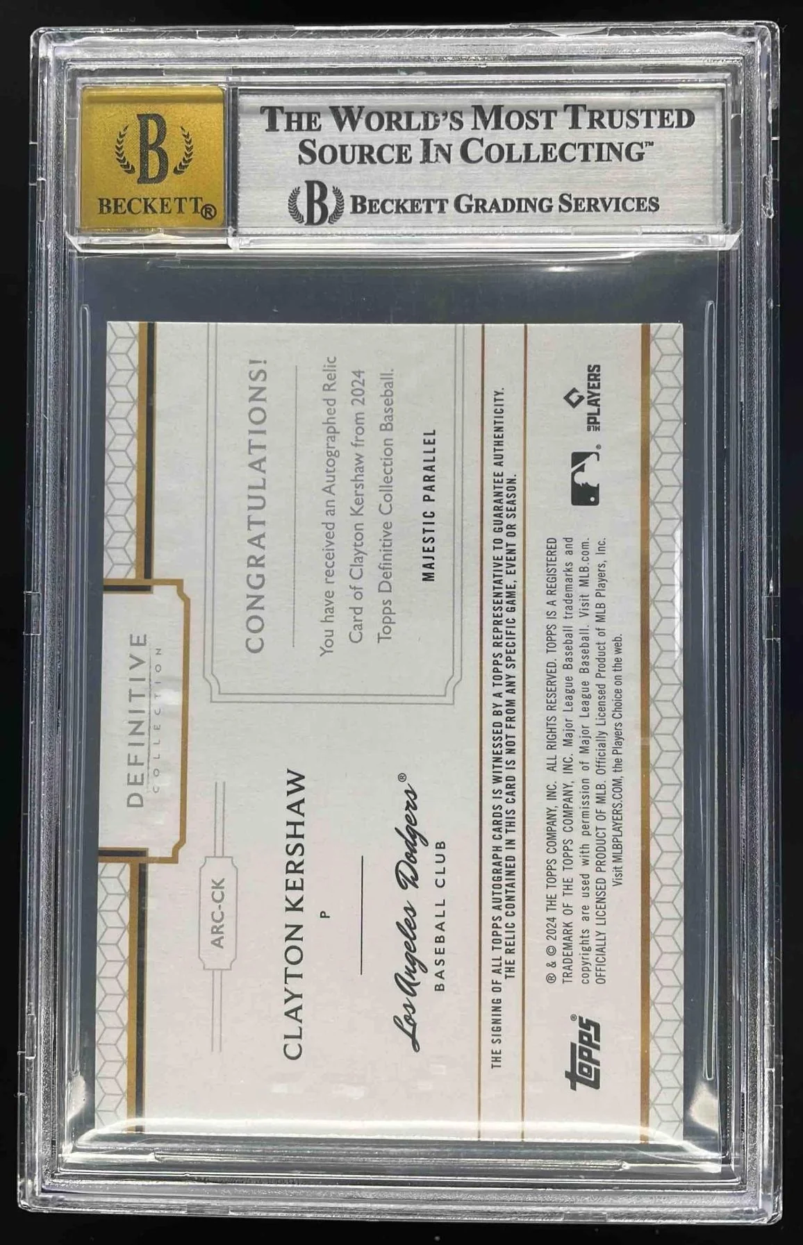 2024 Topps Definitive Relics Majestic Red Clayton Kershaw Auto 1/1 BGS 9 - Image 2