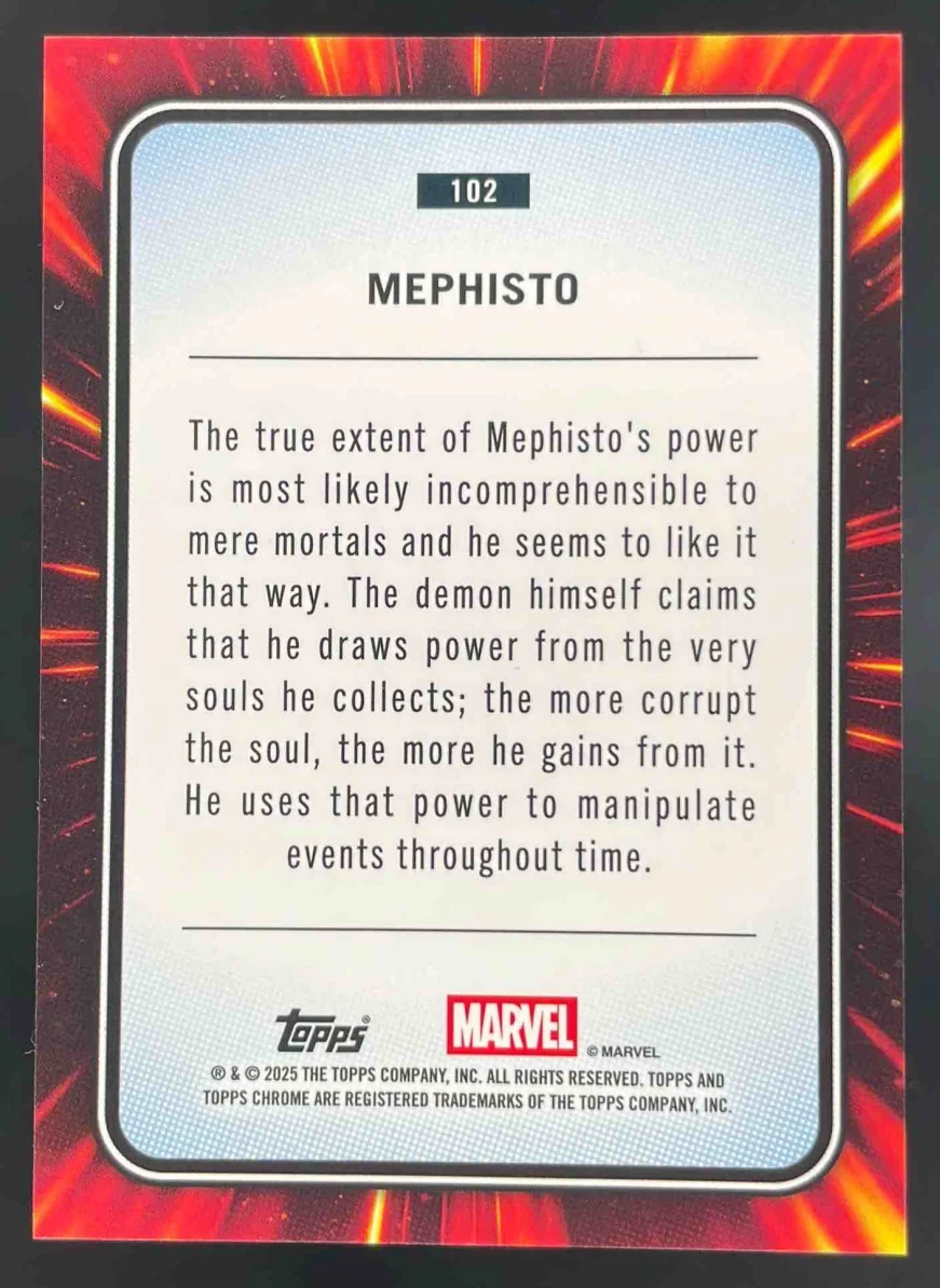 2025 Topps Chrome Marvel Blue & Red Spider Web Refractor #102 Mephisto /62 - Image 2
