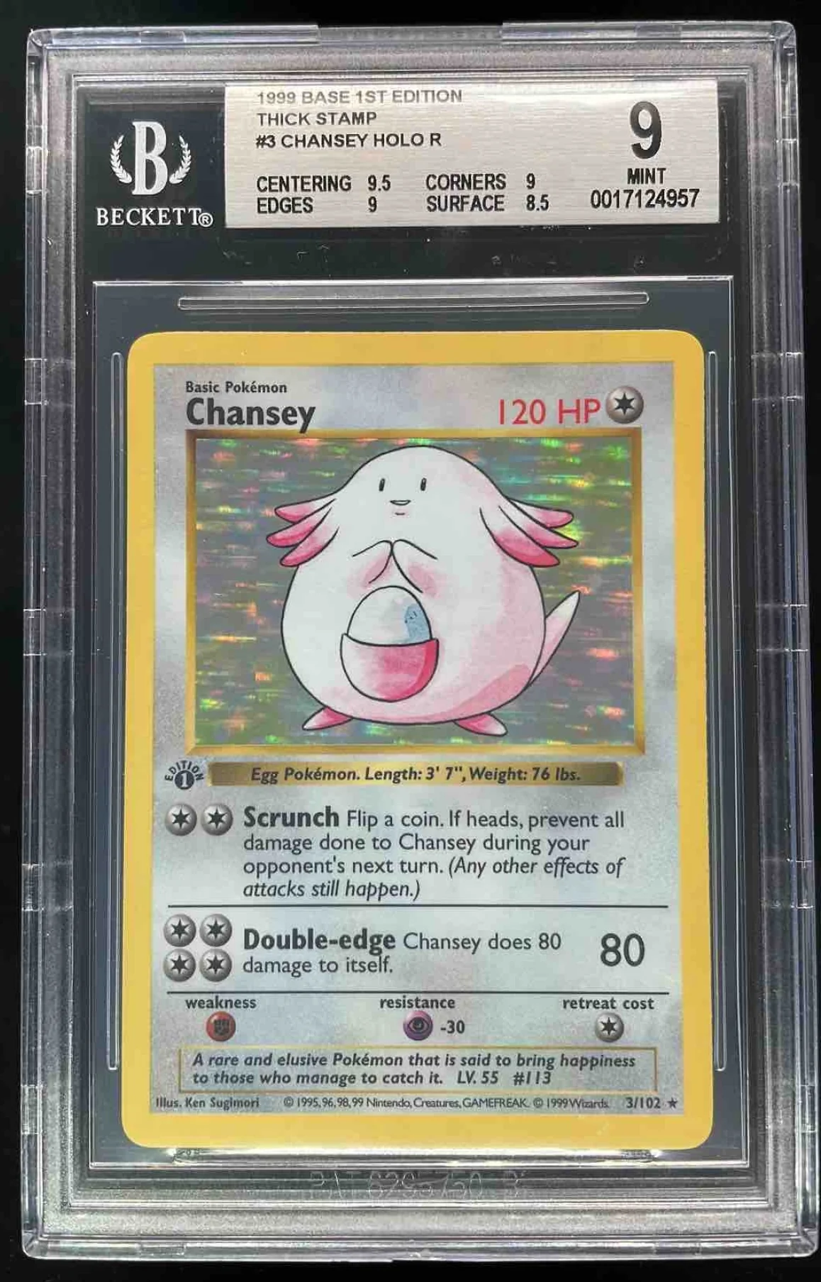 1999 Pokemon 1st Edition #3/102 Chansey Holo Thick Stamp BGS 9