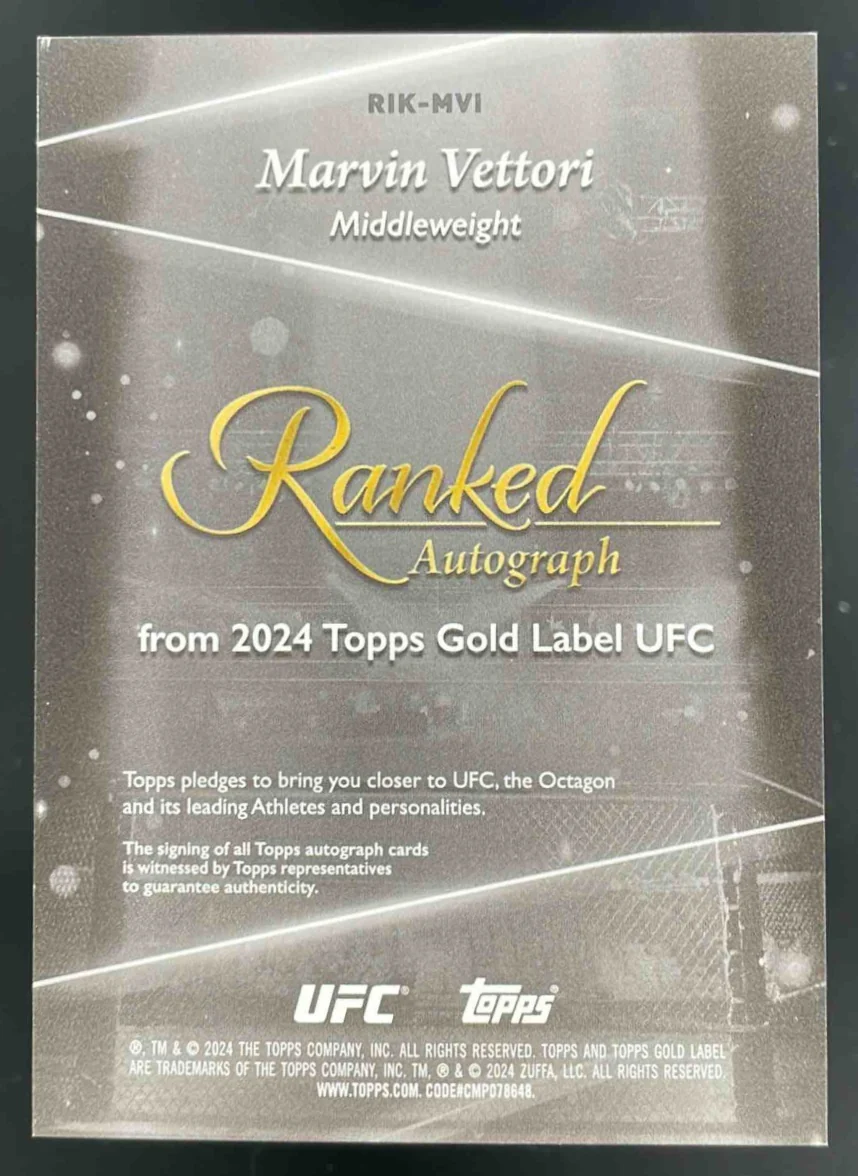 2024 Topps Gold Label UFC Ranked Ink #RIK-MVI Marvin Vettori Auto /299 - Image 2