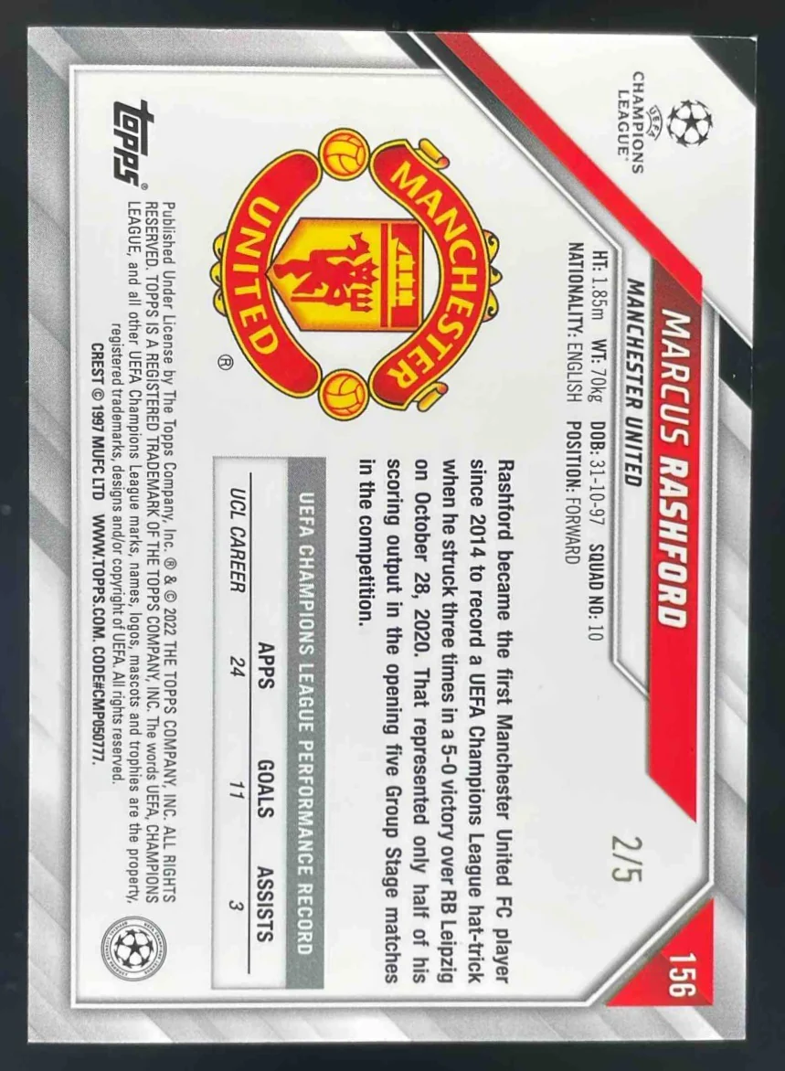 2021 Topps UEFA Champions League Red Foil #156 Marcus Rashford /5 - Image 2