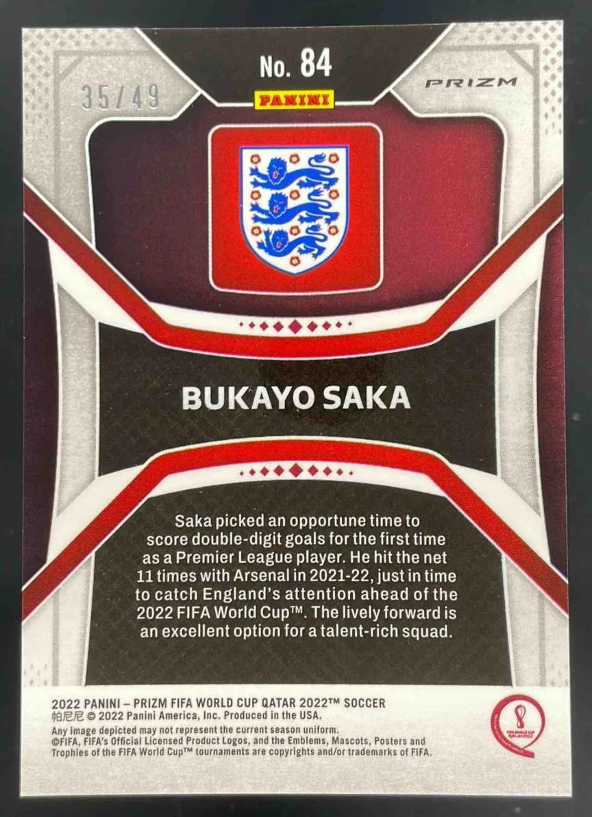 2022-23 Panini Prizm World Cup Purple Mojo #84 Bukayo Saka /49 - Image 2