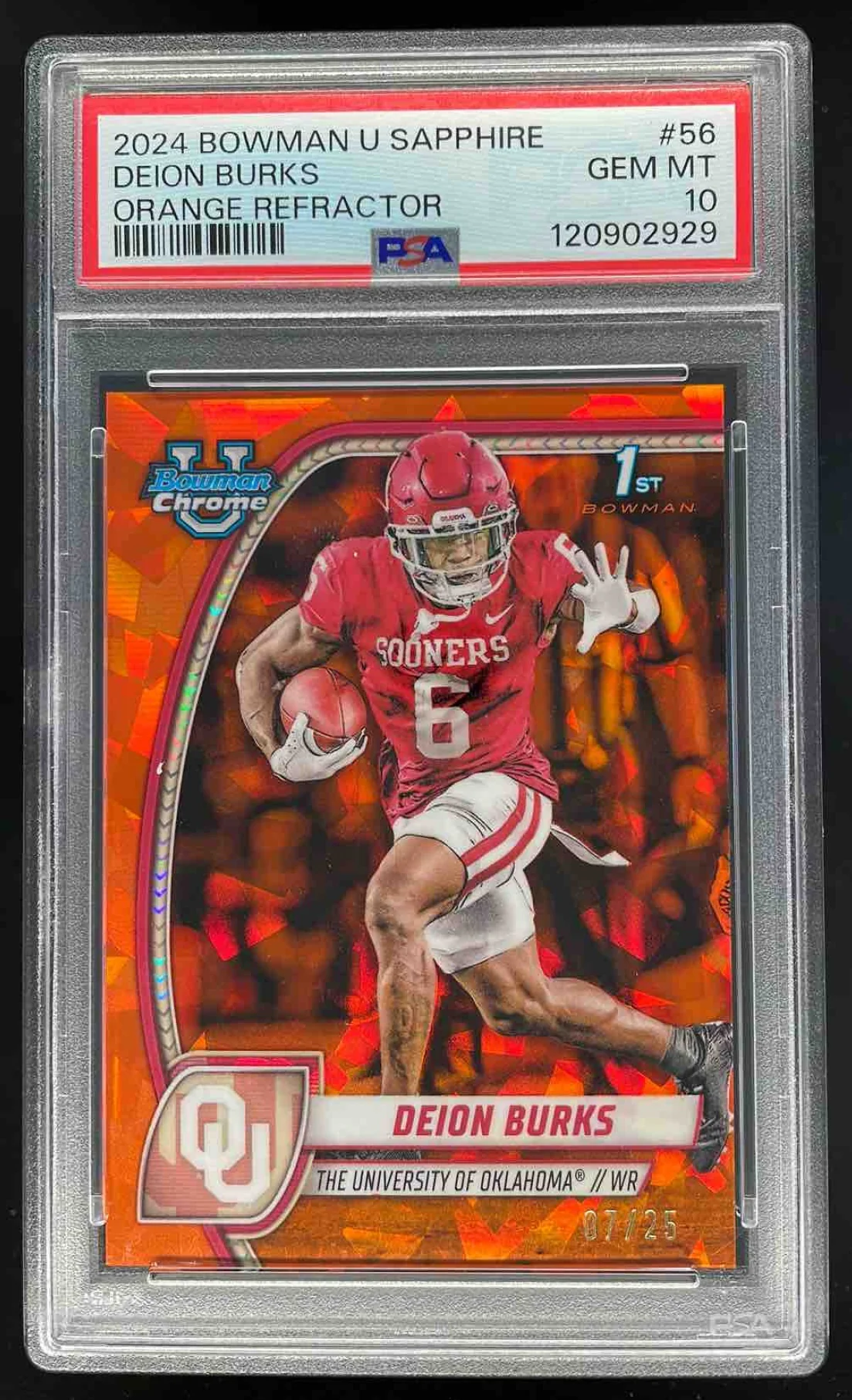 2024 Bowman Chrome University Sapphire Orange #56 Deion Burks /25 PSA 10