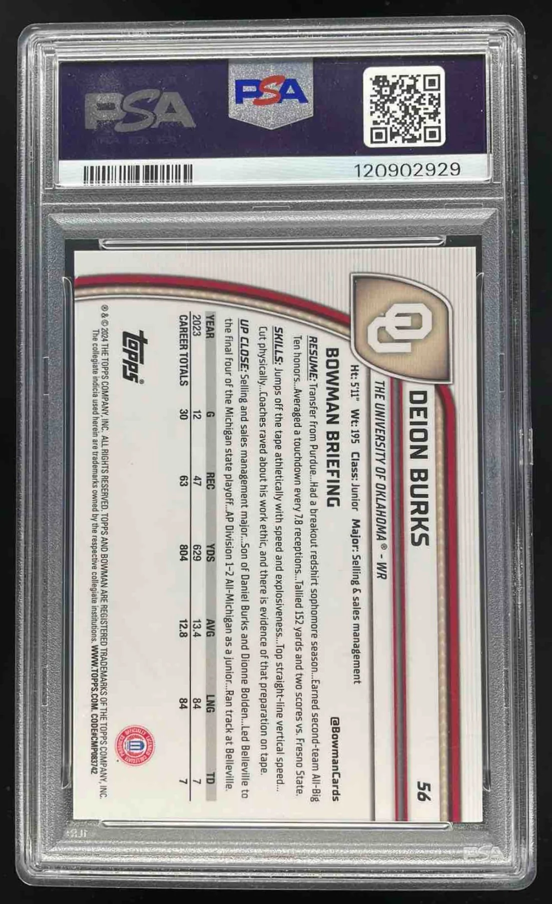 2024 Bowman Chrome University Sapphire Orange #56 Deion Burks /25 PSA 10 - Image 2