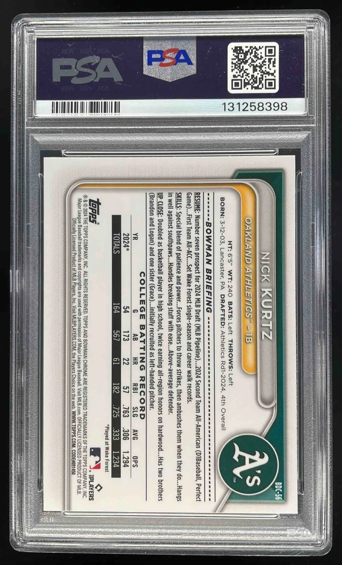 2024 Bowman Draft Chrome #BDC-56 Nick Kurtz RC PSA 10 - Image 2