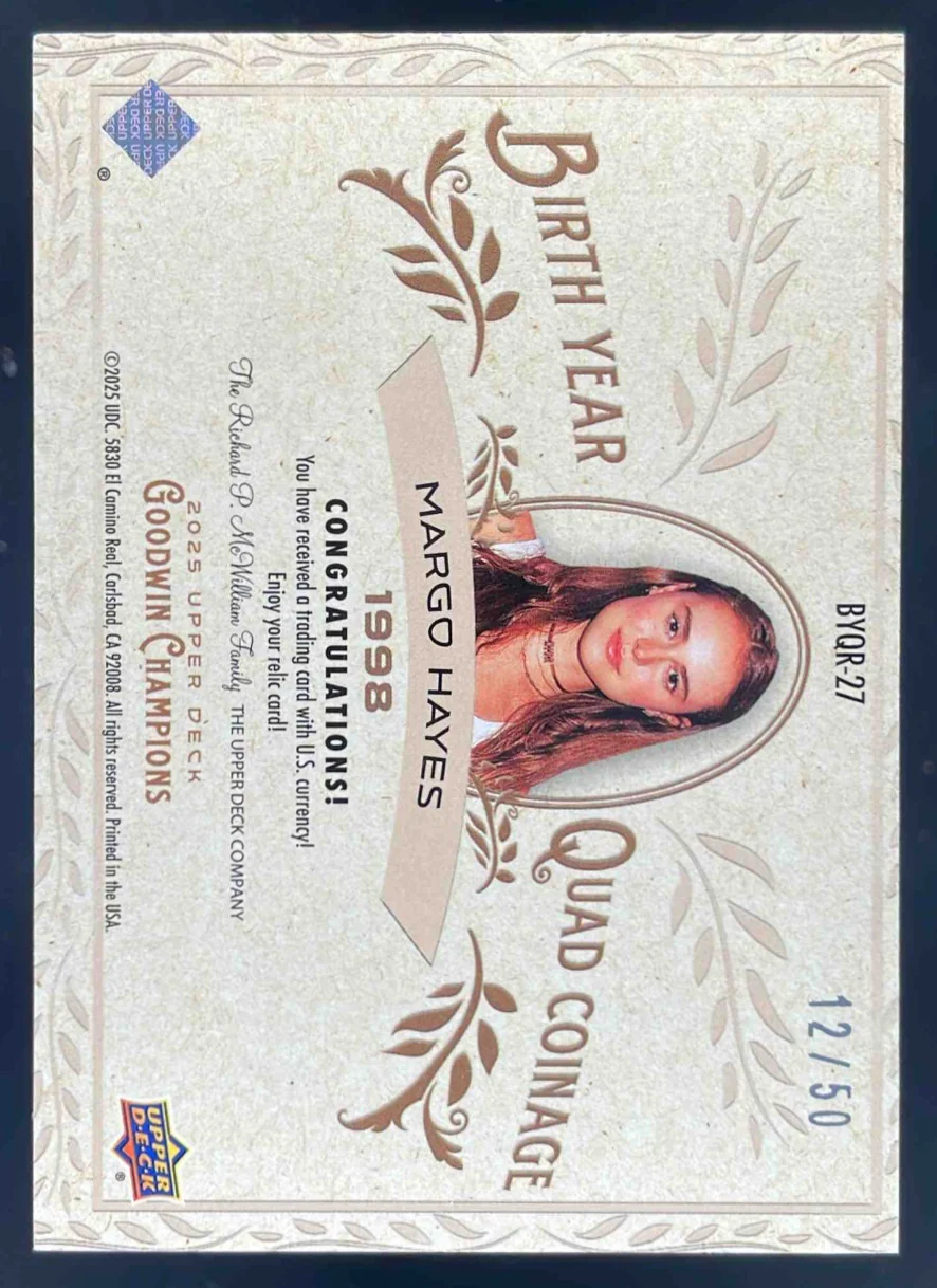 2025 Upper Deck Goodwin Champions Birth Year Coinage #BYQR-27 Margo Hayes /50 - Image 2