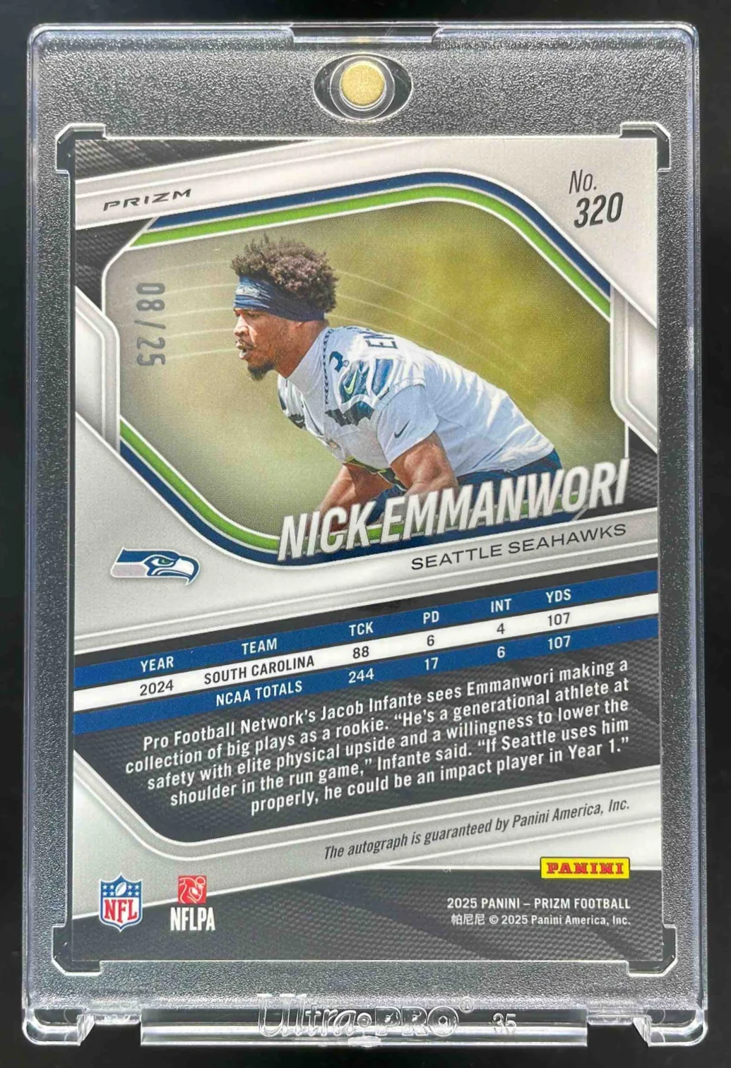 2025 Panini Prizm Rookie Blue Shimmer Prizm #320 Nick Emmanwori RC Auto /25 - Image 2